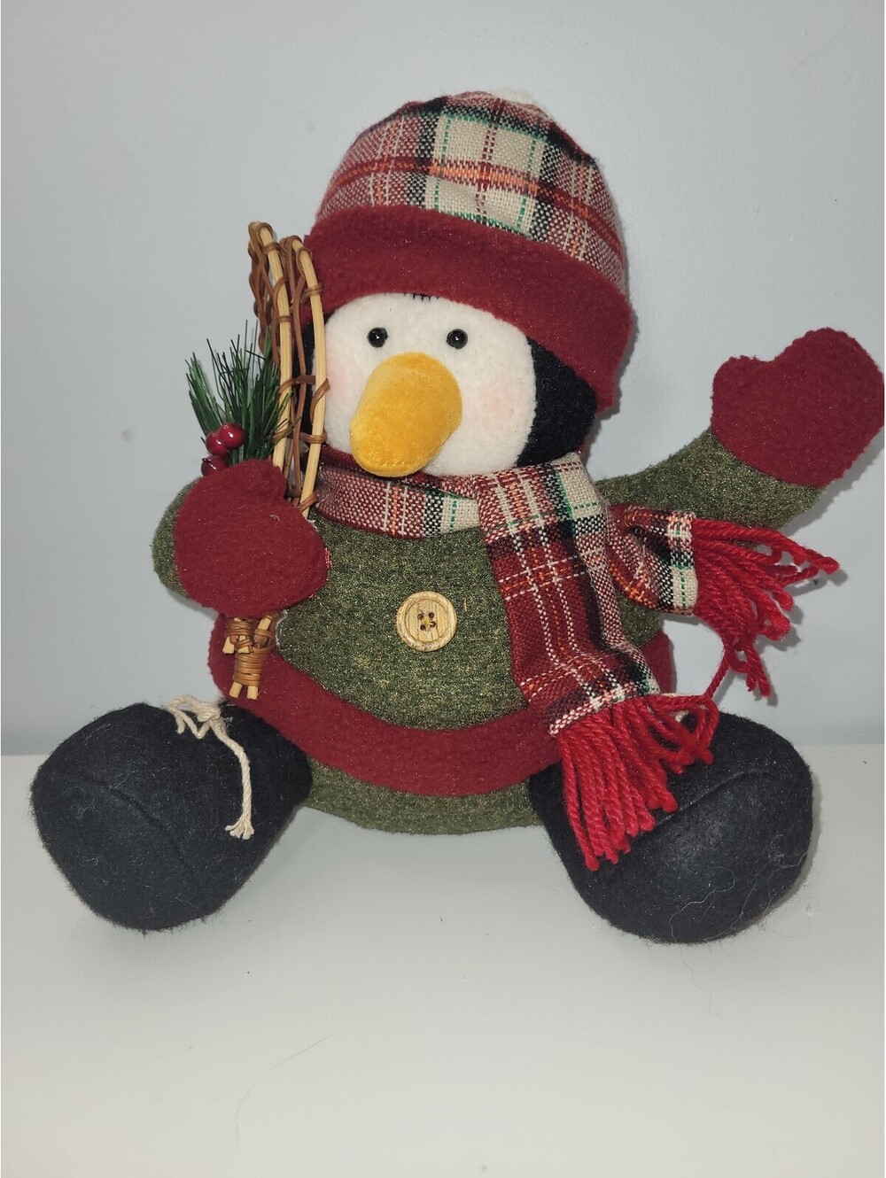 Christmas Penguin Plush Decoration Plaid Hat Scarf Rustic Holidaycore